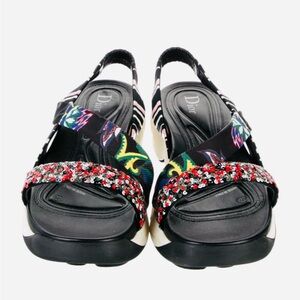 Dior Black Sandals with Multicolor Floral Straps and Red Sequin Accents